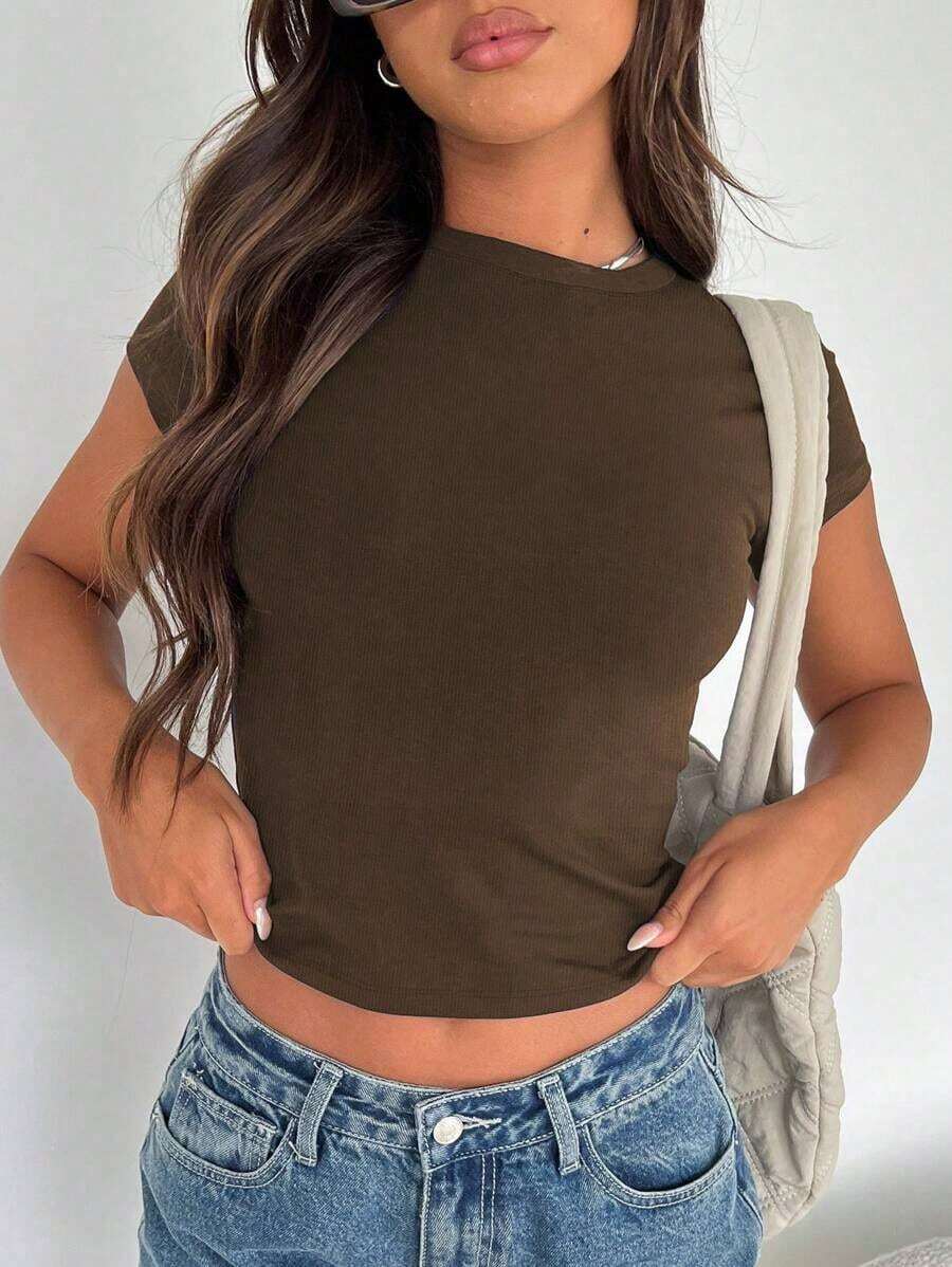 Camiseta De Verano Para Mujer unicolor De Cuello Redondo Y Manga Corta De Ajuste Delgado - Marrón - Ver 1