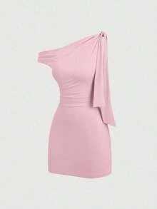 Vestido mini elegante francés de mujer con volantes asimétricos en el hombro, ceñido al Body, que estiliza la silueta - Rosa - Ver 3
