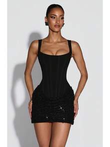 Corset Sequin Dress Ladies With Spaghetti Straps And Sparkly Hem Party - Black - View 1