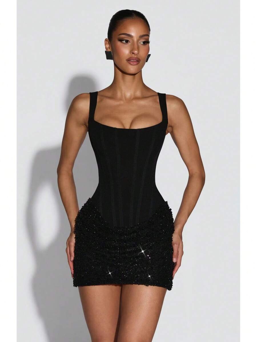 Corset Sequin Dress Ladies With Spaghetti Straps And Sparkly Hem Party - Black - View 1