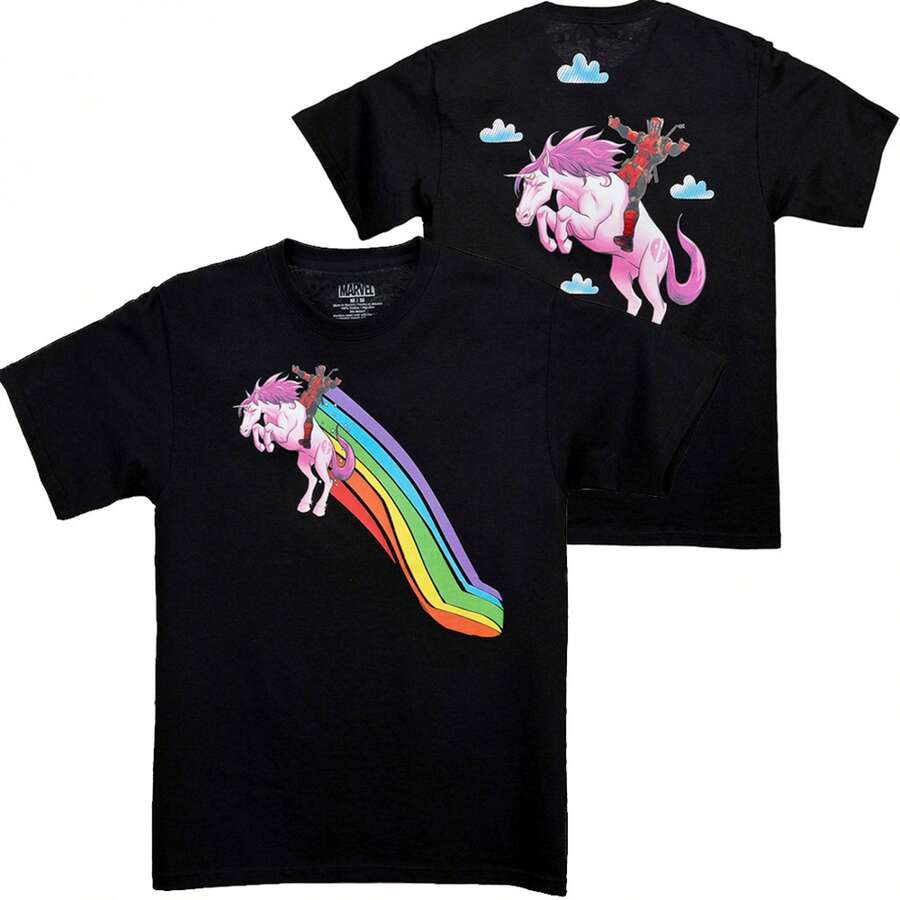 Deadpool Flying High On A Unicorn Front And Back T-Shirt - Black - View 1