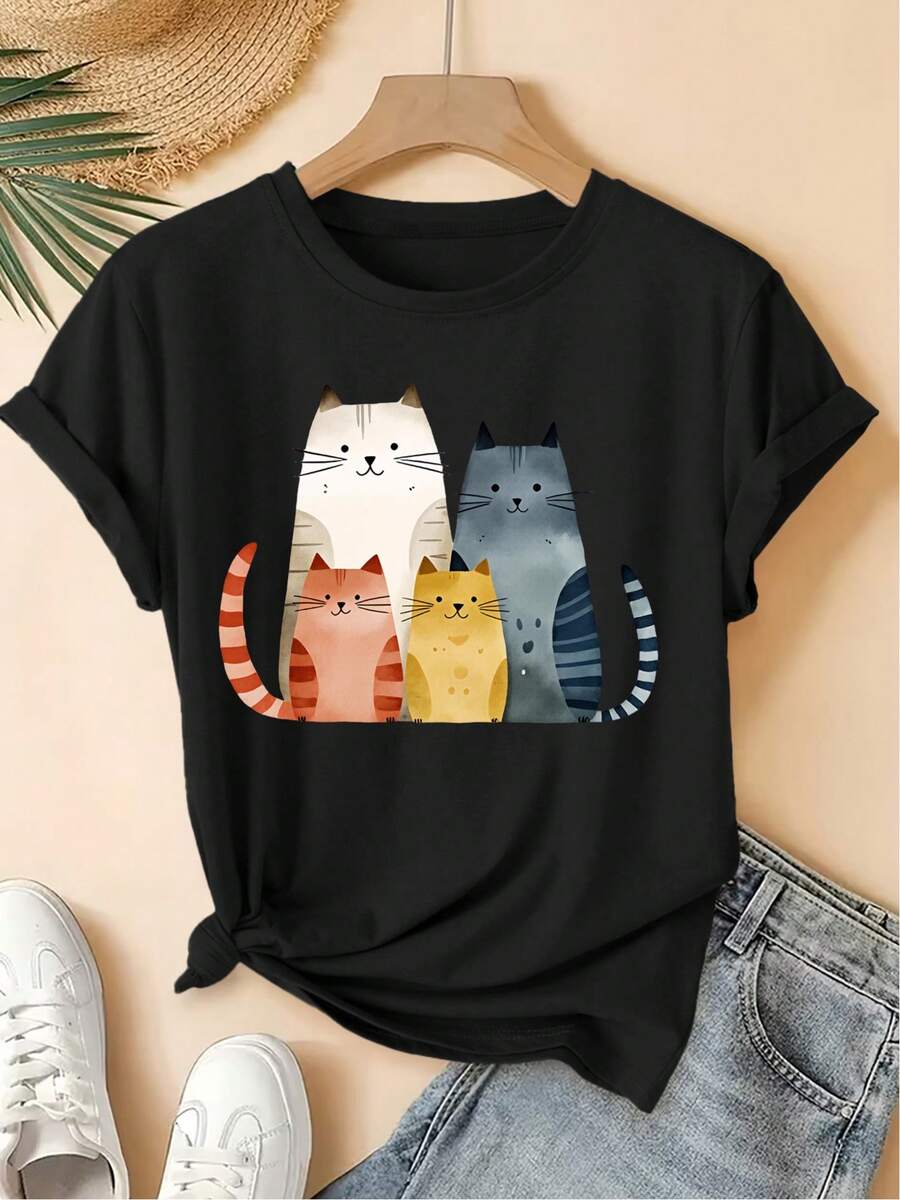 Talla grande, camiseta de talla grande para mujer con estampado de gato vintage desgastado - Blusa suave de manga corta y cuello redondo adecu parrimavera verano, top casual con diseño de gao y familia de gatos en acuarela, ropa de diario lavable a máquinara atuendos cotidianos