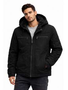 Men's Twill Jacket, Fully Lined With Faux Fur, With A Removable Hood. - Black - View 8