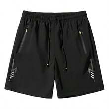 Men's Black Functional Sports Shorts, Side Reflective Print Drawstring Shorts - Black - View 2