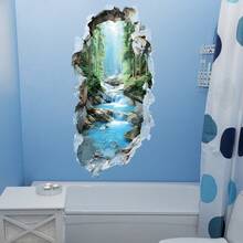 1 pieza Pegatina de pared 2D con diseño de pared rota, bosque y arroyo, diseño de agujero 3D, decoración de pared de fondo para baño - Multicolor - Ver 8