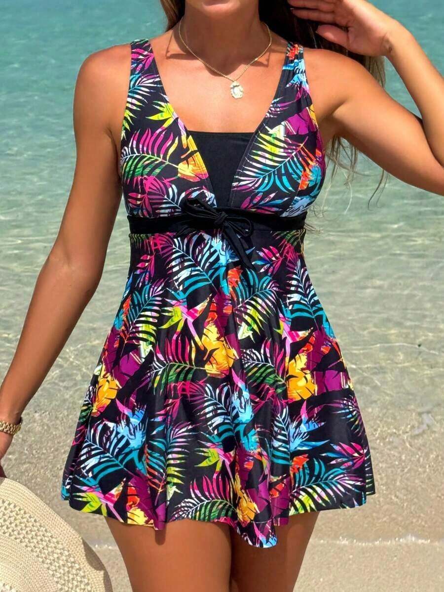 Swim Lushoire Top de tankini con estampado de plantas tropicales para playa de verano - Multicolor 3 - Ver 1