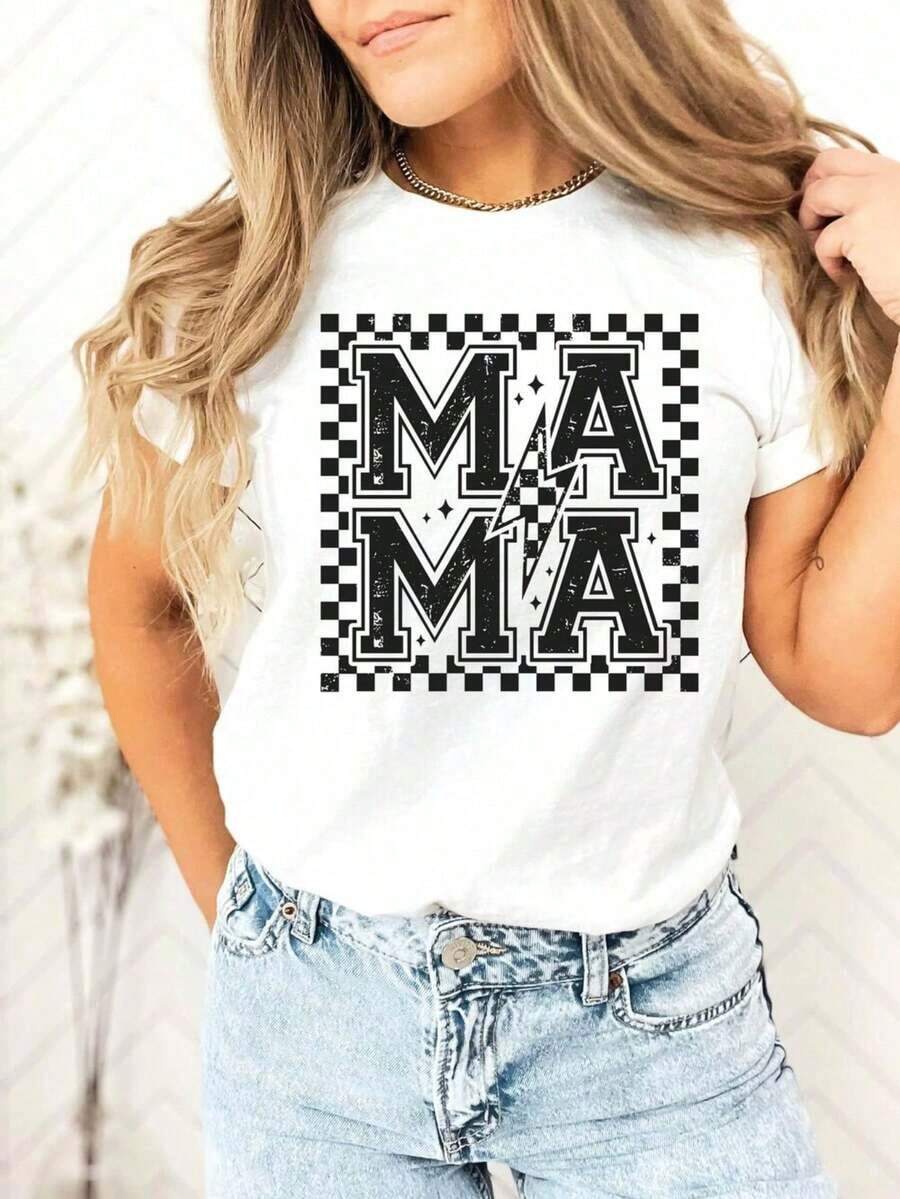 1 Piece Women's Graphic Print T-Shirt, College Style T-Shirt For Mom, Plaid T-Shirt For Mom, Mother's Day Gift, Lightning Bolt Print Sweatshirt For Mom, Mother's Day T-Shirt Gifts For Mom's Birthday, Casual Short Sleeve Crew Neck T-Shirt For Women, 1 Piece Fashion Shirt, Gift For Mom, Thanksgiving Gift, 180g 100% Cotton, All Patterns Are Printed. Unisex. - 白色 002 - 查看 1