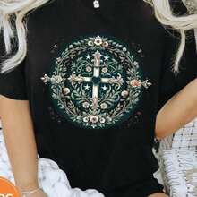 1 camiseta católica mariana, regalo católico, camiseta religiosa católica mariana, ropa de fe cristiana, camisetas religiosas florales para mujer, camiseta con cruz, camisetas lindas de verano para mujer, camiseta estampada de cuello redondo, camisetas gráficas para mujer, 180g 100% algodón, todos los diseños están impresos. Unisexo. - Negro 013 - Ver 2
