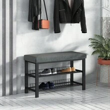 Schuhregal Mit Sitzbank Platzsparende Schuhbank Mit 2 Gitterablagen 81x50x32 Cm, Formschöner Schuhschrank Für Flur, Wohn- Und Schlafzimmer Mit Schutz Gegen Bodenkratzer (Schwarz) - 無菸煤 - 查看 2