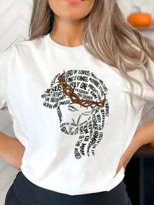 1 Pieza - Camiseta de Manga Corta con Cuello Redondo y Estampado Simple, con Nombres de Cristo, Evangelio, Frases Bíblicas, para Verano, Blanca, Adecuada para Uso Diario y Vacaciones, Camiseta Gráfica de Moda para el Verano - Negro - Ver 7