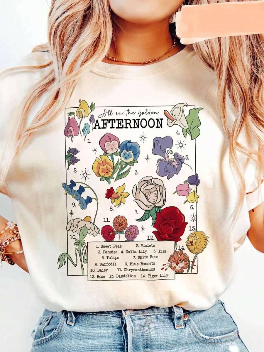 Women's Vintage Floral Alice In Wonderland T-Shirt - Casual Short Sleeve Crew Neck T-Shirt With Durable Print, Machine Washable, For Road Trips, Picnics, Beach And Parties - 白色 - 查看 1