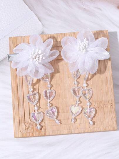 2pcs White Mesh Hair Bows For Girls Heart Decor Hair Clips Delicate Alligator Clips Elegant Princess Barrettes Wedding Party Birthday Gift Vacation Daily Hairpins Teens Hair Accessories