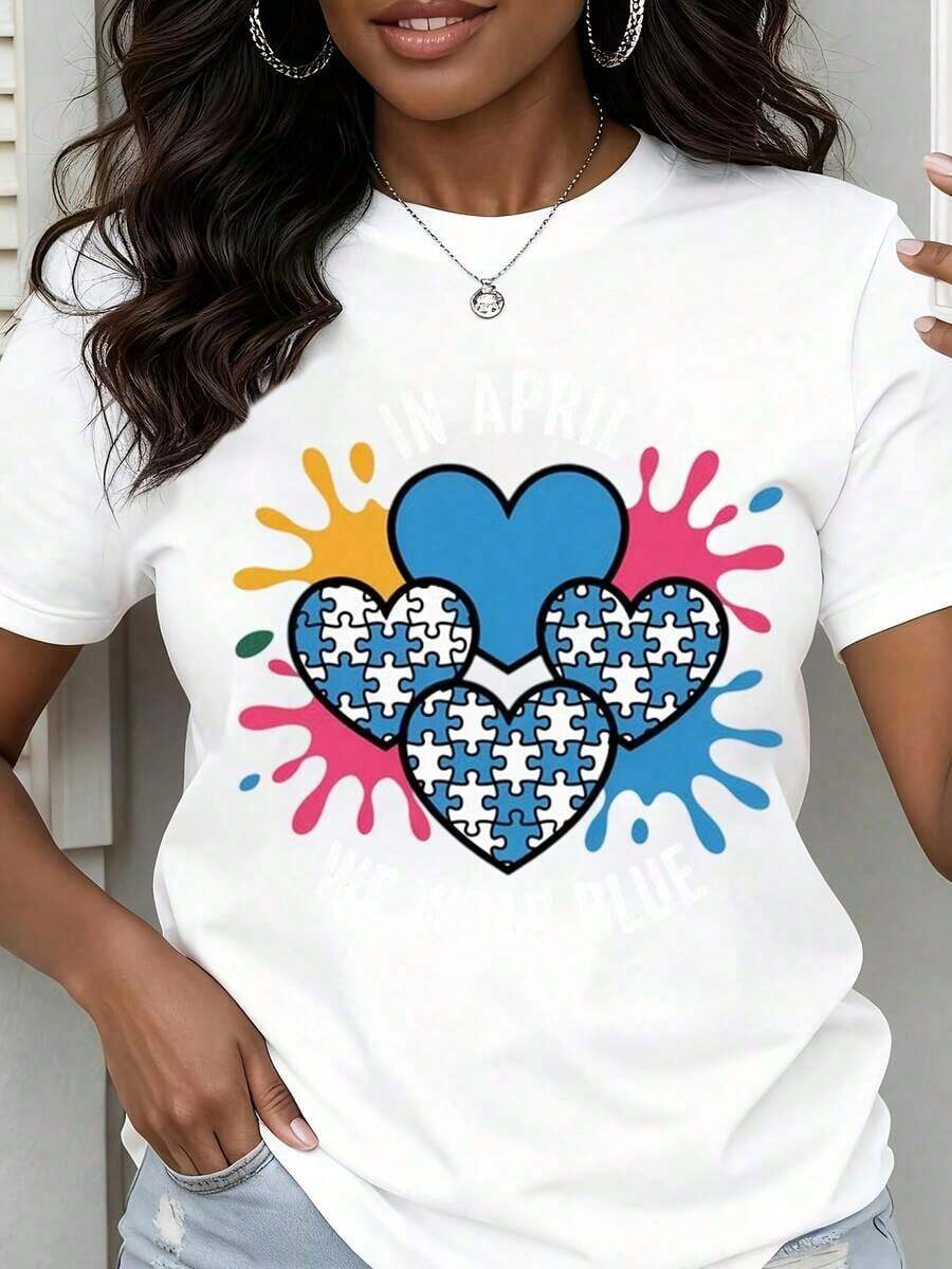 Camiseta de Cuello Redondo para Mujer con Estampado de Corazones de Concientización sobre el Autismo y Salpicaduras Coloridas, Manga Corta para Uso Casual y Eventos de Apoyo - Blanco - Ver 1