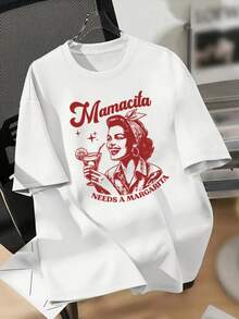 Camiseta Oversize para Mujer - Estampado Gráfico "Mamacita Needs A Margarita", Cuello Redondo Casual, Manga Corta, Negra, Uso en Todas las Temporadas, Estilo Y2k - Blanco - Ver 10