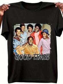 Men's Vintage Good Times Graphic T-Shirt, 100% Cotton, Relaxed Fit, Short Sleeve, With Retro TV Show Character Print And Good Times Text - Black, Casual Style, Machine Washable - 黑色 - 查看 8