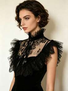 1pc Black Lace Ruffle Mesh Collar, Gothic Victorian Detachable Fake Collar With Ribbon Tie, Vintage Lolita Style Dress Collar Decor - Black - View 3