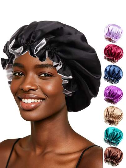 1pc Women's Double-Layer Satin Large Ruffle Edge Dual-Sided Shower Cap, Reversible Faux Silk Dust Cap, Suitable For Sleeping, Home Use, Unisex, Beauty & Hair Care