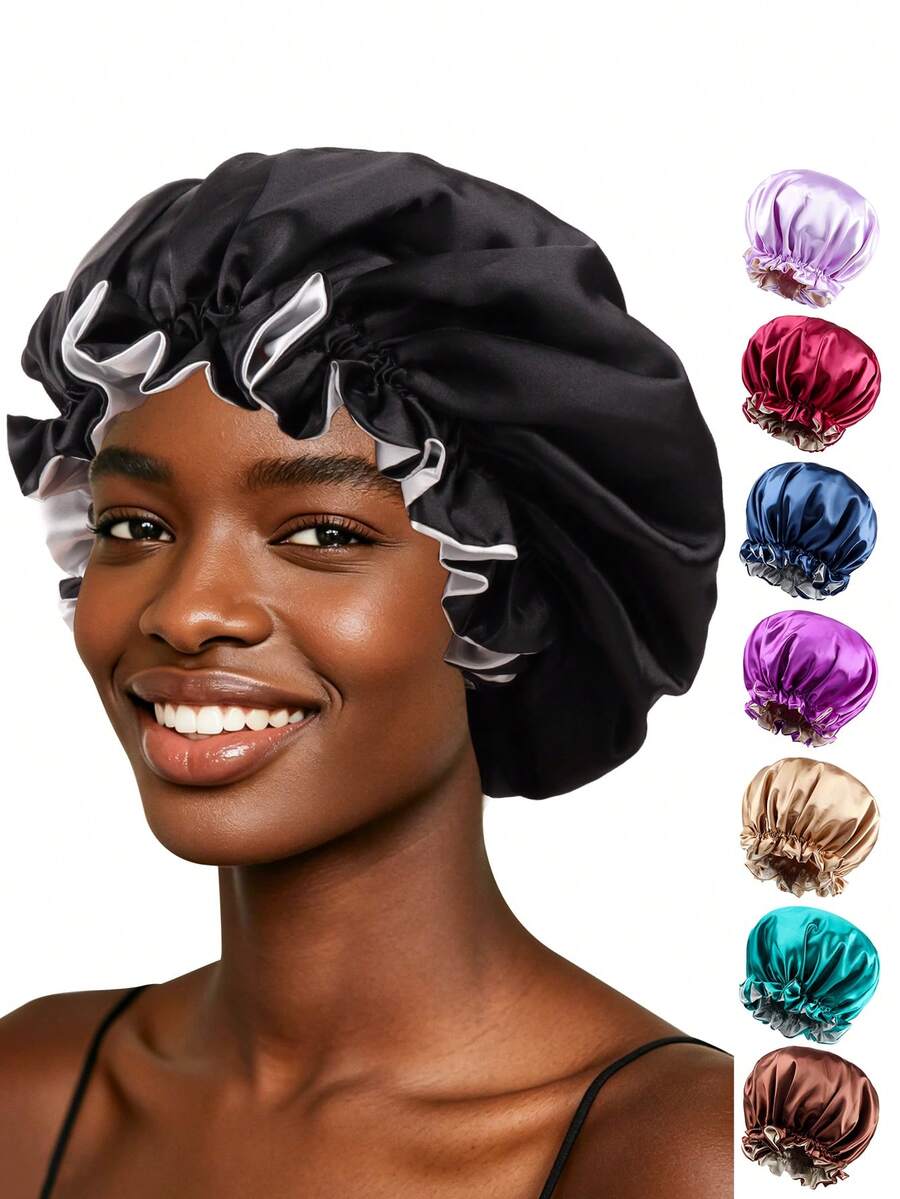 1 chiếc mũ tắm hai lớp bằng satin, viền bèo lớn, có thể đảo ngược, chất liệu giả lụa, thích hợp dùng khi ngủ, ở nhà, unisex, chăm sóc sắc đẹp và tóc. - A - Xem 1