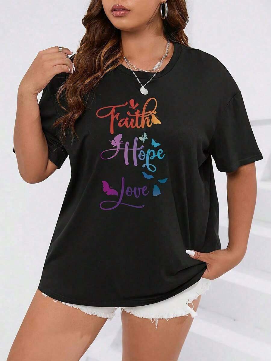 Soft 100% Cotton Plus Size Women's Casual Short-Sleeve T-Shirt - Inspirational Butterfly Print With The Phrase "Faith Hope Love", Elastic Crew Neck, Machine Washable, Comfortable Spring/Summer T-Shirt, Cute Short-Sleeve T-Shirts, Relaxed Fit, Stylish Top, Soft Material, Printed T-Shirt, For Fashion Lovers, Breathable Cotton T-Shirt, Goes With Everything, Great. - 黑色 - 查看 1