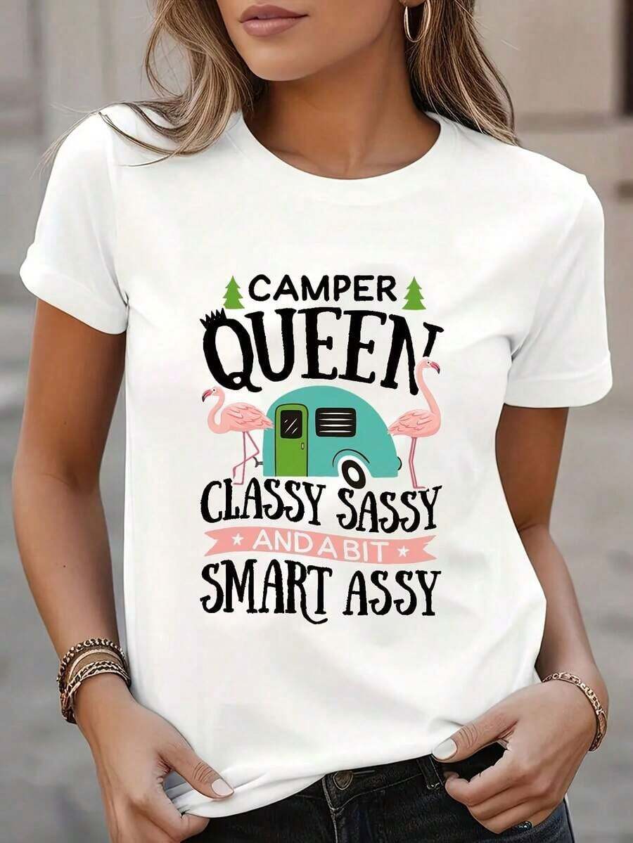 Camiseta de Mujer con Estampado Gráfico para Entusiastas del Camping, Cuello Redondo, Estilo Casual para Uso Diario, Ropa de Mujer - Blanco - Ver 1