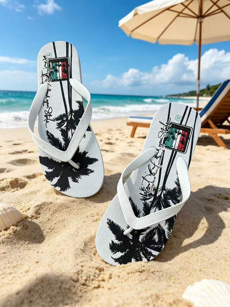 Men's Fashion Slippers With Coconut Tree & Letter Design, Casual Flip Flops For Beach, Party, Home & Outdoor, Summer