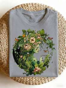 Camiseta de mujer, unisex, estilo bohemio campestre - Diseño vintage suave para el Día de la Tierra 2023, con estampados de plantas del bosque, setas, zorros y elfos - Camiseta holgada de cuello redondo, adecuada para festivales al aire libre, talla grande casual. - Negro - Ver 8