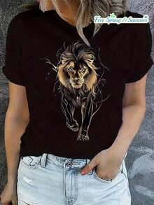 Women's T-Shirt. A Striking Lion Print T-Shirt Made Of Pure Cotton. This Stylish Feline Design Is Perfect For Casual Events And Social Outings. Available In Sizes S, M, L And Black. A Fashionable And Casual Piece, Perfect For Looking Unique And Authentic. Comfortable And Lightweight. - 黑色 - 查看 9
