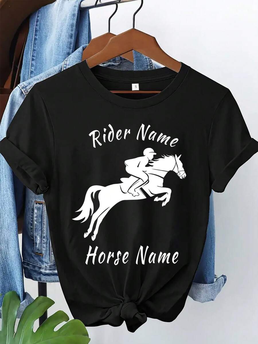 Camiseta con texto personalizado para amantes de los caballos, camisetas personalizadas, camisetas con logotipo de empresa, ropa de equipo, regalos de Halloween y camisetas con tu texto personalizado - Negro - Ver 1