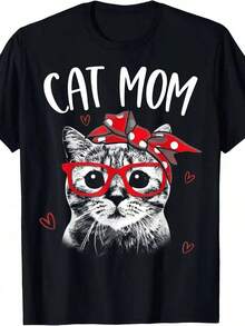 Printed T-Shirt For Mother's Day, Cat Mom Design T-Shirt, Suitable For Women - 100% Cotton, Loose Fit, Short Sleeve, Crew Neck, Retro Style With Cat Design With Red Bow And Heart, Machine Washable Summer Casual T-Shirt, Mother's Day Gift, Cat T-Shirt, Everyday Wear, Animated Design, Durable Material, Printed T-Shirt, For Pet Lovers, 100% Cotton - 黑色 - 查看 1