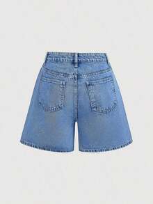 Shorts vaqueros casuales y versátiles de unicolor para mujeres - Azul - Ver 2