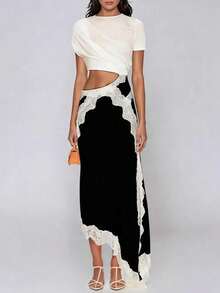 Nuevo vestido mujer 2026, diseño irregular, encaje entrelazado, elegante y de moda. - Blanco y Negro - Ver 1