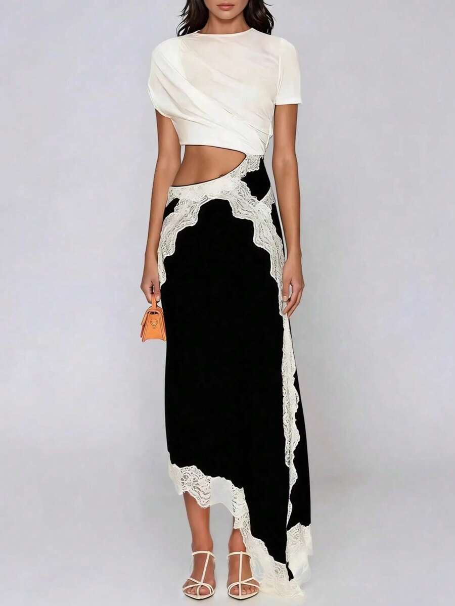 Nuevo vestido mujer 2026, diseño irregular, encaje entrelazado, elegante y de moda. - Blanco y Negro - Ver 1