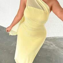 Plus Size Women's Elegant Romantic Fashion Commuter Sexy Elegant Style Asymmetrical Shoulder Bodycon Maxi Dress, Suitable For Party, Beach Vacation, Back To School, Romantic Date, Wedding Season, Birthday, Easter, Spring/Summer Dress - Amarillo - Ver 9