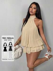Vestido mini elegante de mujer con escote halter y lazo en color beige - Beis - Ver 8