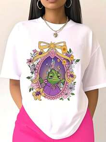 [Fun Design] Women's Plus Size Tangled Pascal Graphic T-Shirt - Vibrant Cartoon Print, Breathable Summer Casual Short Sleeve Crew Neck T-Shirt, Regular Fit For Sports And Casual Wear, With Tangled Frog And Flower Design, Plus Size - 白色 - 查看 1