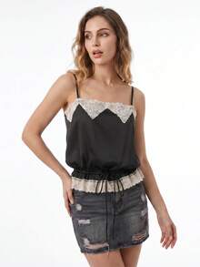 Women's Satin Summer Slim Camisole Spaghetti Strap Lace Patchwork Tank Tops With Adjustable Drawstring Waist - Black - View 5