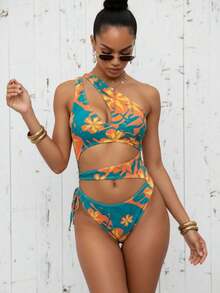 Traje de baño monokini sexy para mujer, diseño de un hombro con recortes, elegante para vacaciones de verano en la playa, color negro - Azul lago + naranja - Ver 5