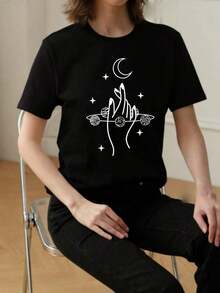 ropa de mujer  Camiseta de cuello redondo y mangas cortas de ropa fashion, fabricada en México, para la temporada primavera-verano 2026. Con estampado de dibujos animados, es un modelo de pareja, apta para usar tanto por dentro como por fuera, ideal para oficina y estilo casual, diseñada para hombres y mujeres, en unidad individual. camisas de mujer - Negro - Ver 2