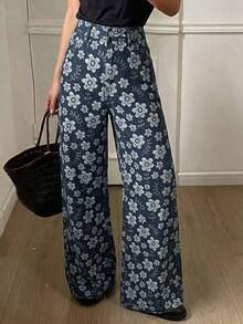Jeans rectos de ajuste holgado con parches de cuadros y rayas para mujer, uso casual de oficina, otoño/primavera - Azul lavado oscuro - Ver 8