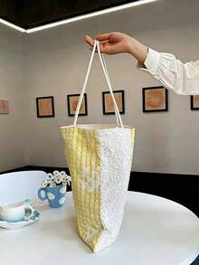 2026 Summer Limited Edition Custard Yellow Plaid Lace Tote Bag, Sequin Patchwork Niche Design Shoulder Bag - Yellow - View 3