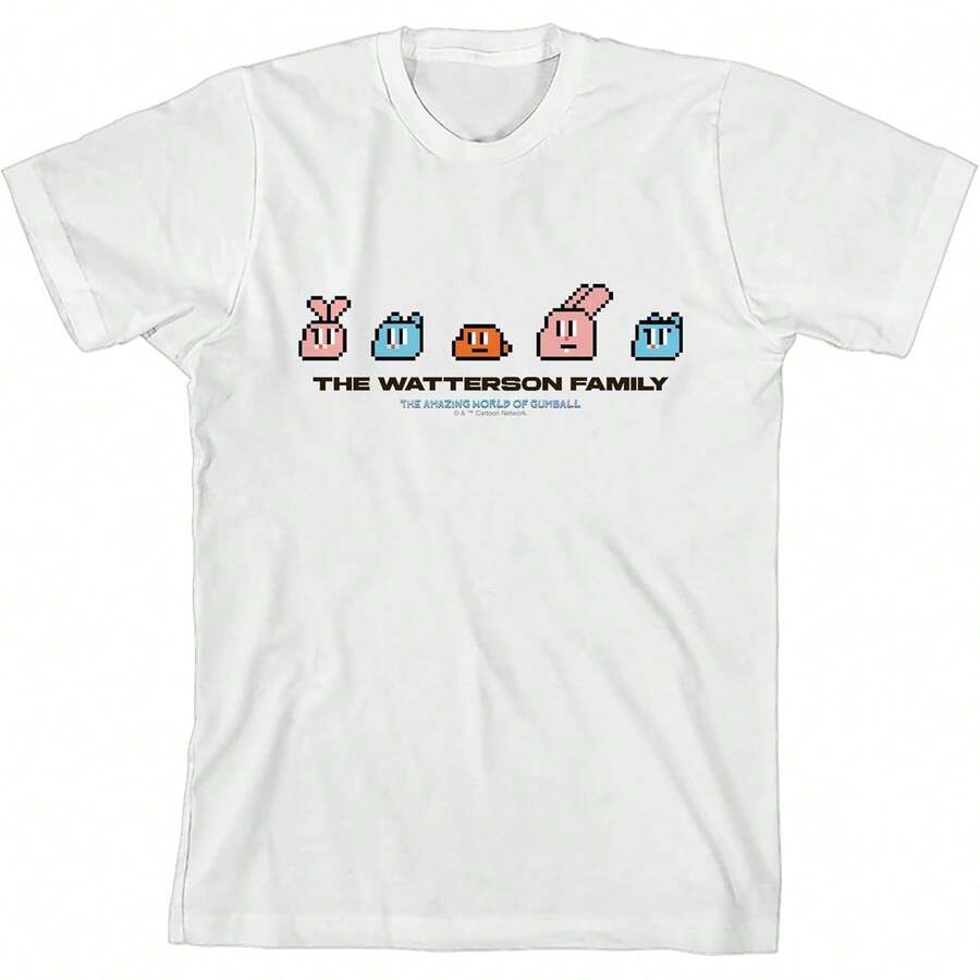 Camiseta de manga corta blanca juvenil con iconos pixelados de la familia Watterson de The Amazing World of Gumball, transpirable, 100% algodón, informal, de corte holgado, para uso diario de mujeres jóvenes, ideal para estilo urbano, escuela, vacaciones, paseos al aire libre, reuniones, atuendo diario. - Blanco - Ver 1