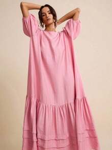 Vestido holgado con mangas abullonadas y cuello redondo, color rosa, para primavera/verano - Rosa - Ver 4