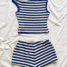 x Eduarda Gutierrez  Conjunto de 2 piezas para mujer con top corto de punto a rayas y shorts ajustados de tiro súper bajo, atuendo adecuado para vacaciones, fiestas, Navidad, San Valentín, citas, playa, crucero, carnaval, Pascua, Año Nuevo Chino - Rosa Pálido - Ver 3