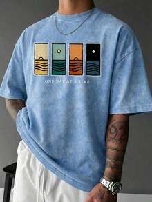 Compatible With The Minimalist Printed Short-Sleeved T-Shirt For Men, Comfortable And Breathable, Suitable For Summer, Fashionable. - 霧霾藍 - 查看 3