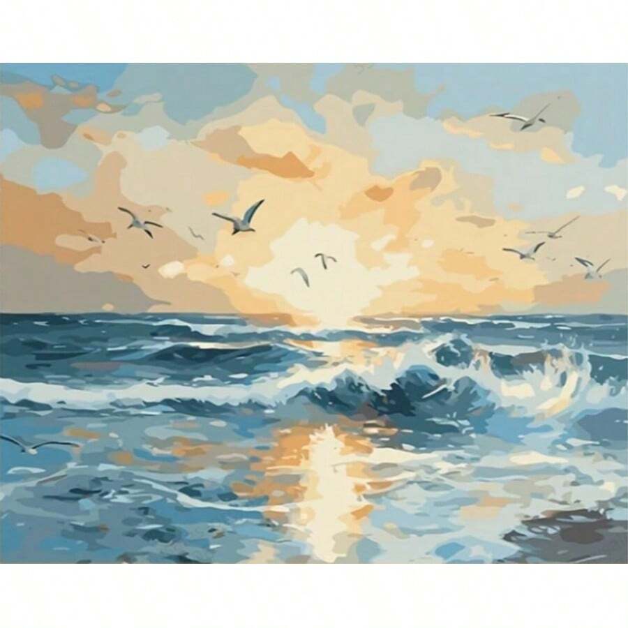 1 peinture de diamant sans cadre de l'océan et des mouettes, les vagues comme de la musique, les mouettes comme des danseurs - diamant rond - Voir 1