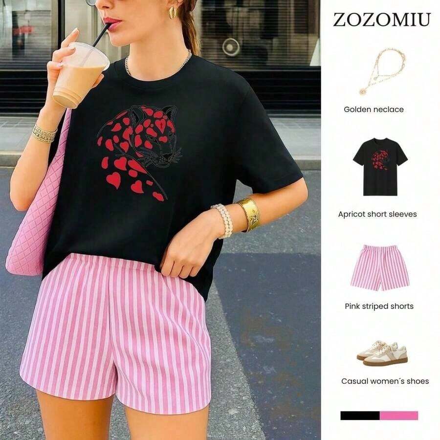 A Women's Short-Sleeve Tee With A Retro American Style, Featuring A Relaxed Fit And A Printed Design (Pants Are For Styling Suggestions Only). This Simple Yet Stylish Piece Features A Tropical-Themed Printed Letter Pattern, Making It A Must-Have For Creating A Laid-Back Holiday Look, Perfect For Occasions Like Labor Day And Mexican Independence Day. - 黑色 - 查看 1