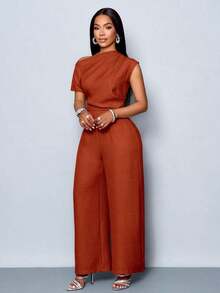 Mono de pierna ancha con hombros descubiertos, cuello asimétrico, pliegues en los hombros y manga corta, de uso casual, elegante y apropiado para salidas diurnas, en color albaricoque, para mujer de uso en las cuatro estaciones - Marrón - Ver 5