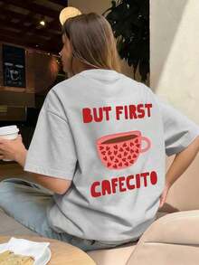 1 Summer Short Sleeve T-Shirt With Round Neck, Pink Heart And Coffee Cup Print, English Letter Print, Casual And Comfortable Loose Fit For Coffee Lovers, Suitable For Street, Daily Wear, Music Festivals, Parties, Holiday Outfit For Women, White Color. - 灰色 - 查看 5