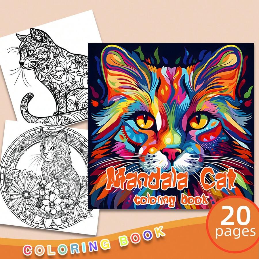 Libro para colorear de adultos con diseños de gatos mandalas - 20 páginas gruesas con diseños felinos intrincados, ideal para la creatividad y la relajación, gran regalo para amantes de los gatos - 1 pieza (7.87*7.87 pulgadas) Material principal: Papel - Una pieza - Ver 1
