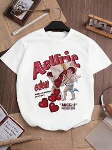 Camiseta de mujer moderna, informal, para fiestas y para estar en casa, 100% algodón, corte holgado. . De corte holgado. Camiseta con Estampado Gráfico de Ángel, Algodón Premium, Corte Holgado, Ajuste Cómodo, Casual, Estampado Distintivo - Estilo Urbano Vintage, Unisex, Algodón, Manga Corta, Cuello Redondo, Camisetas Casuales - Blanco - Ver 2